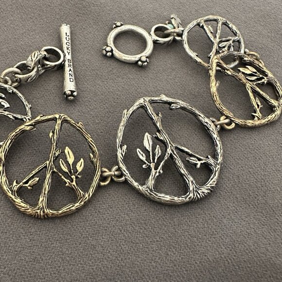 Lucky Brand Peace Symbol Bracelet Toggle Clasp 8" Mixed Metal Twigs & Leaves - Picture 5 of 10